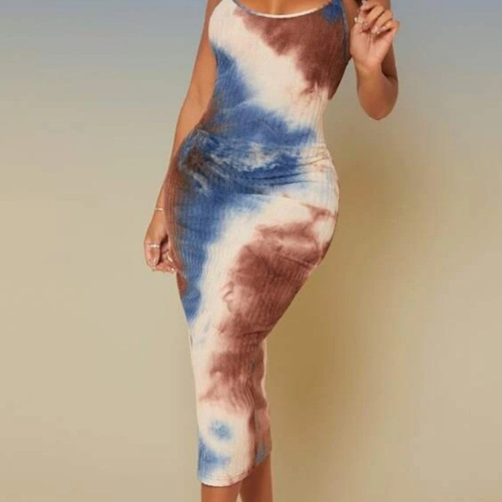 Tie-Dye Ribbed Midi Tank Dress - Blue & Brown - Picture 2 of 3